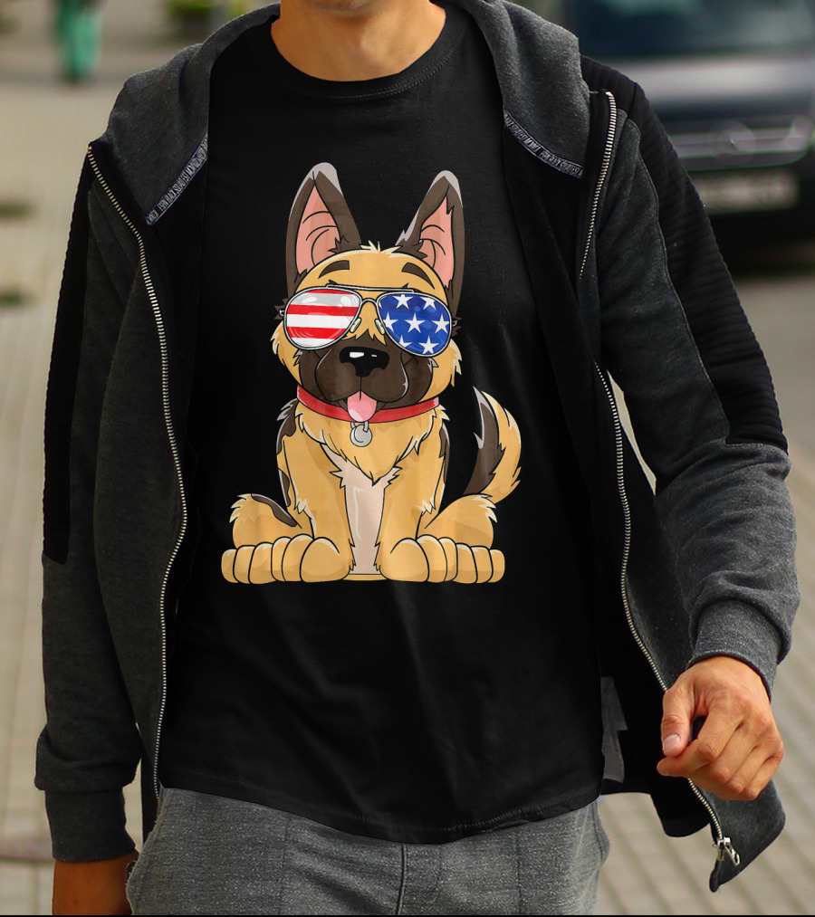 German Shepherd USA Flag Sunglasses T-Shirt