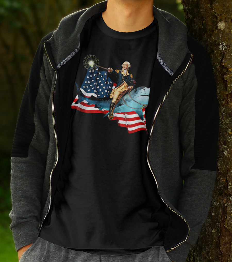 George Washington Patriotically Riding Shark With American Flag T-Shirt