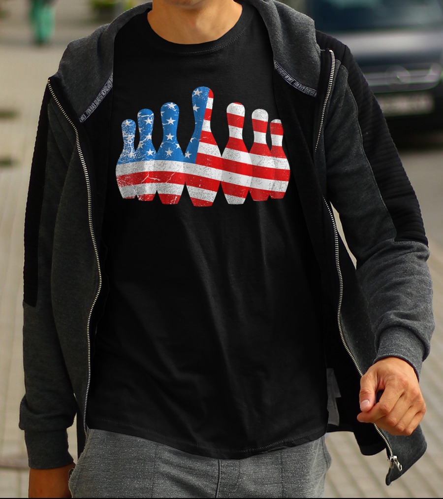 American Flag Bowling Pins Patriotic Bowler T-Shirt