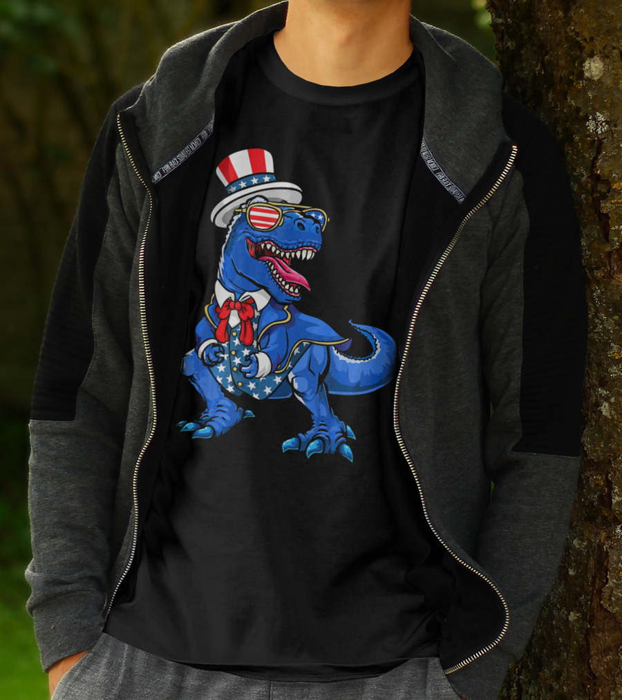 Patriotic Dinosaur With American Flag Hat And Glasses T-Shirt