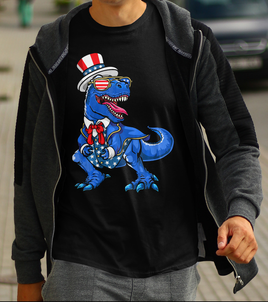 Patriotic Dinosaur With American Flag Hat And Glasses T-Shirt