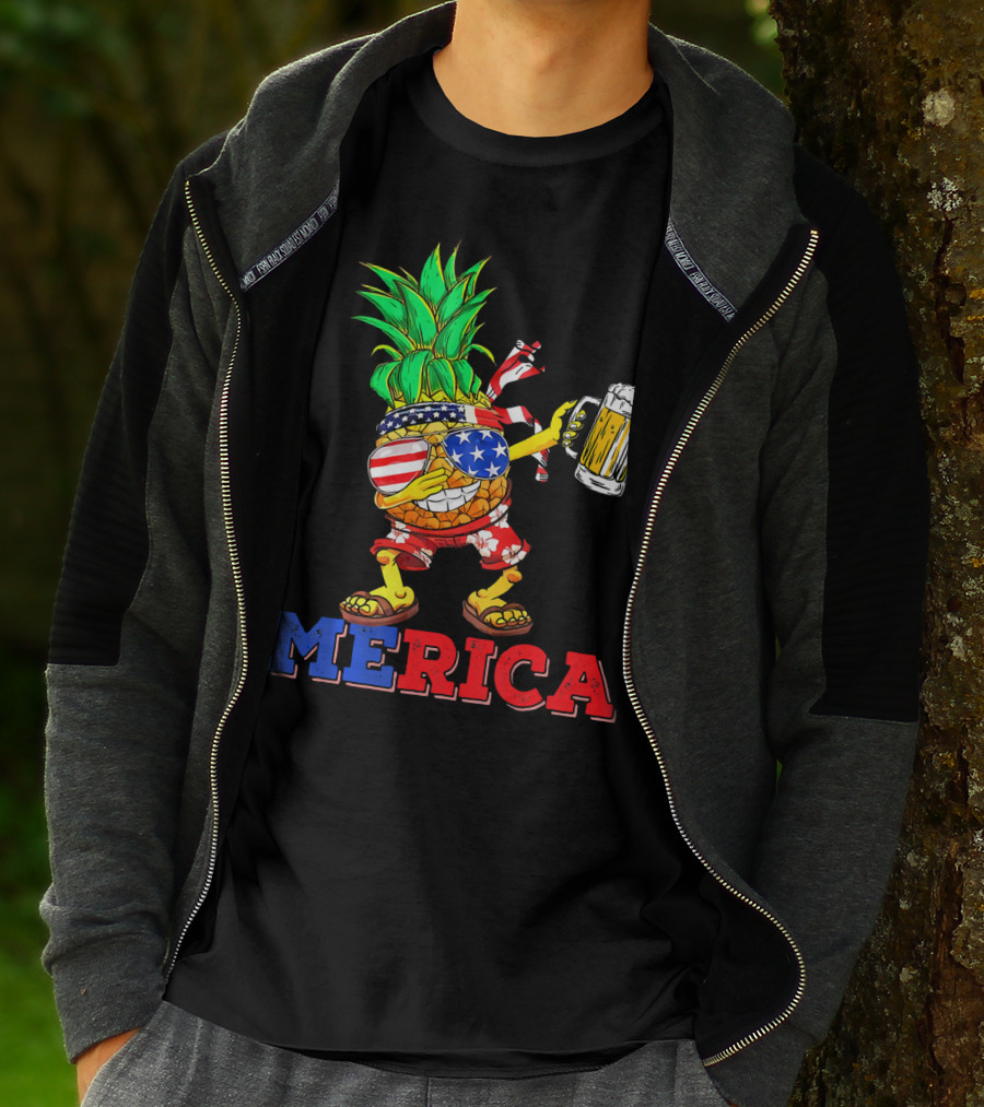 Merica Dabbing Pineapple US Flag Sunglasses Beer Mug Hawaiian Shorts T-Shirt