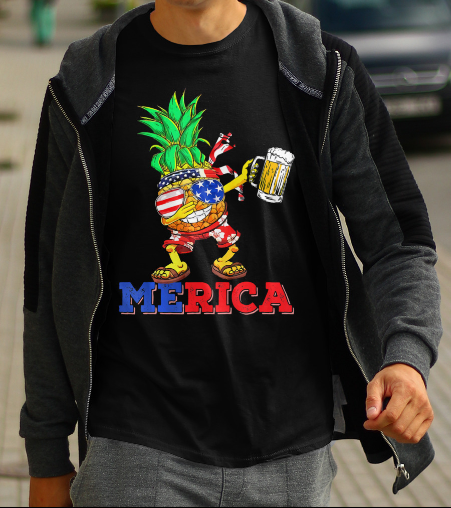 Merica Dabbing Pineapple US Flag Sunglasses Beer Mug Hawaiian Shorts T-Shirt