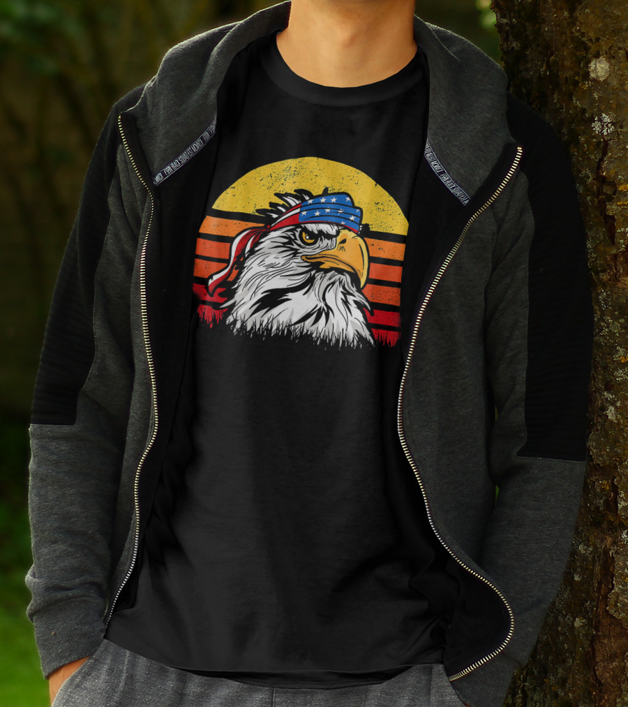 Retro Mullet Eagle With American Flag Bandana And Sunburst Patriotic T-Shirt