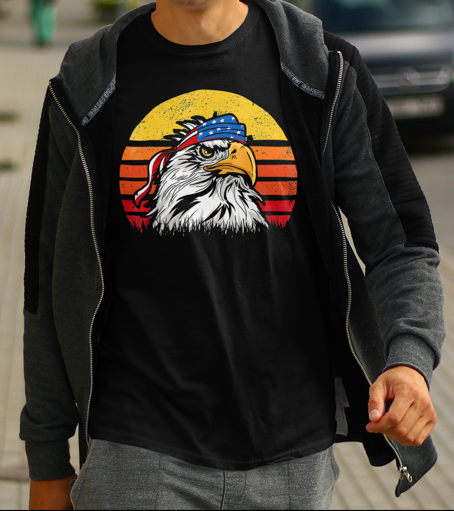 Retro Mullet Eagle With American Flag Bandana And Sunburst Patriotic T-Shirt