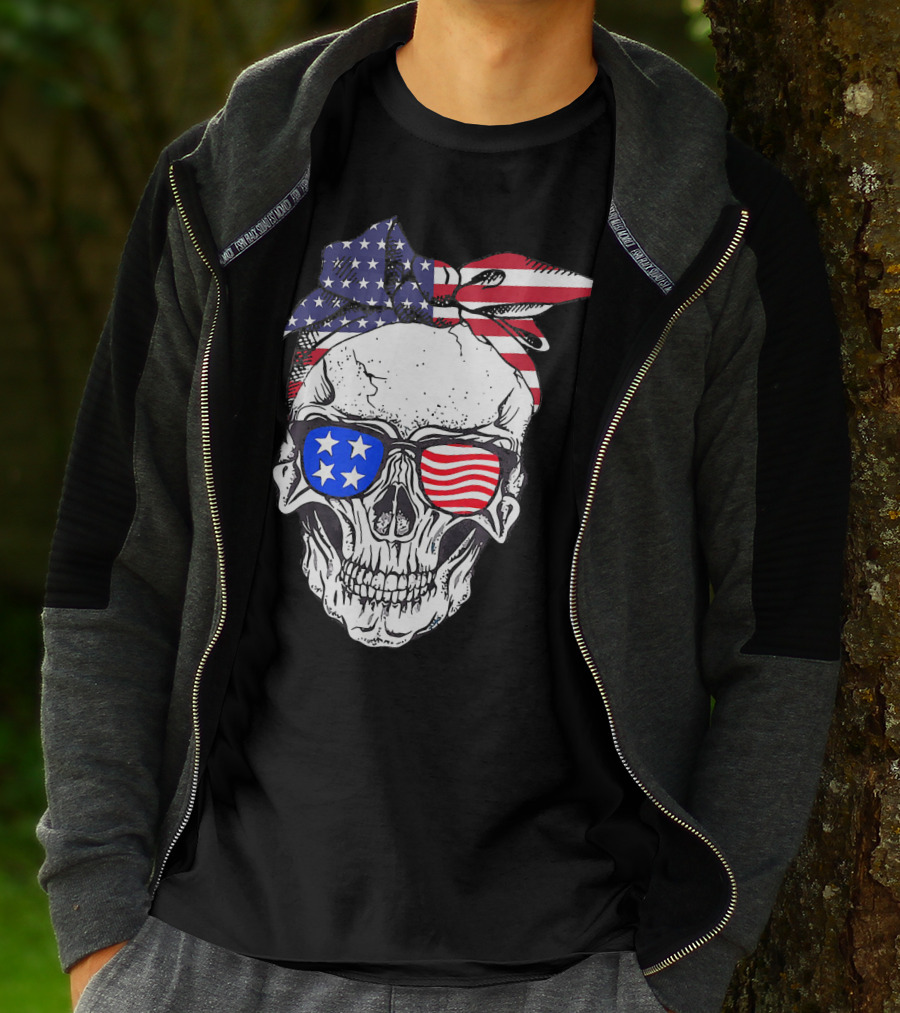 Patriotic Skull American Flag Bandana Sunglasses T-Shirt