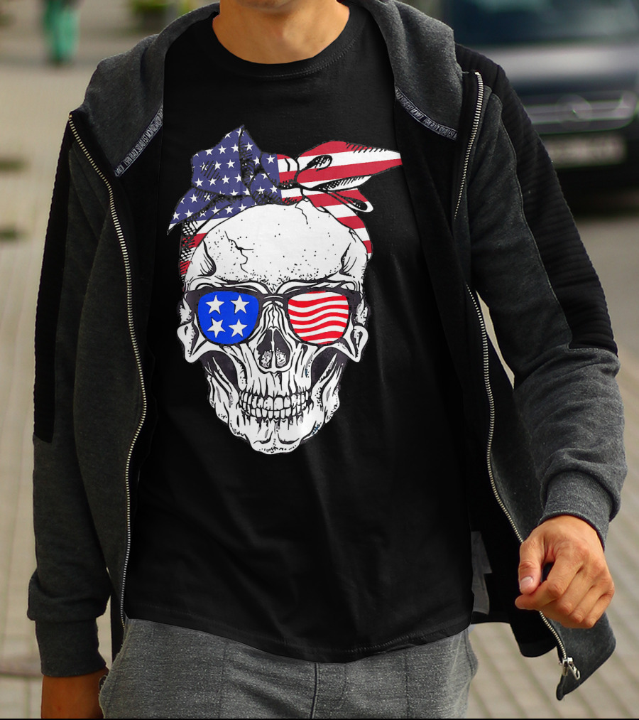 Patriotic Skull American Flag Bandana Sunglasses T-Shirt