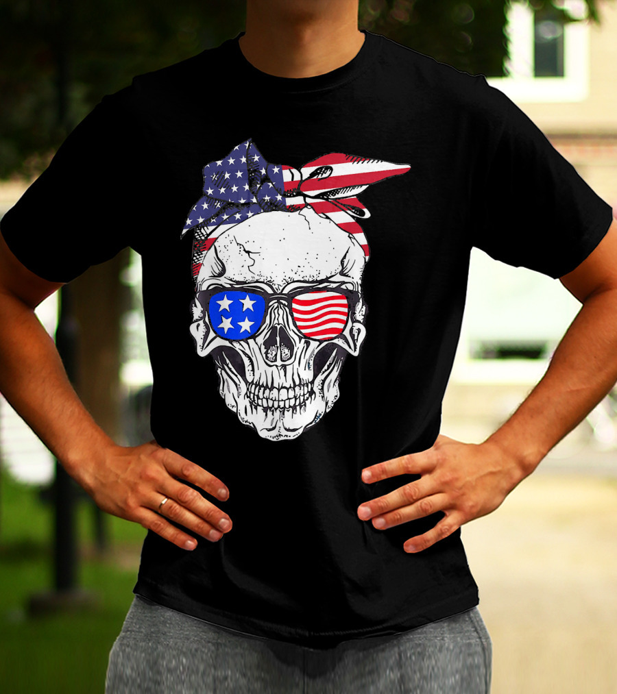 Patriotic Skull American Flag Bandana Sunglasses T-Shirt