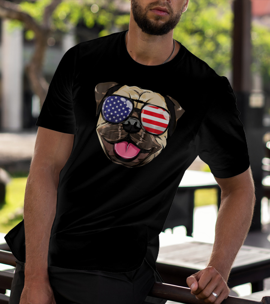 Pug Dog With American Flag Sunglasses Patriotic T-Shirt