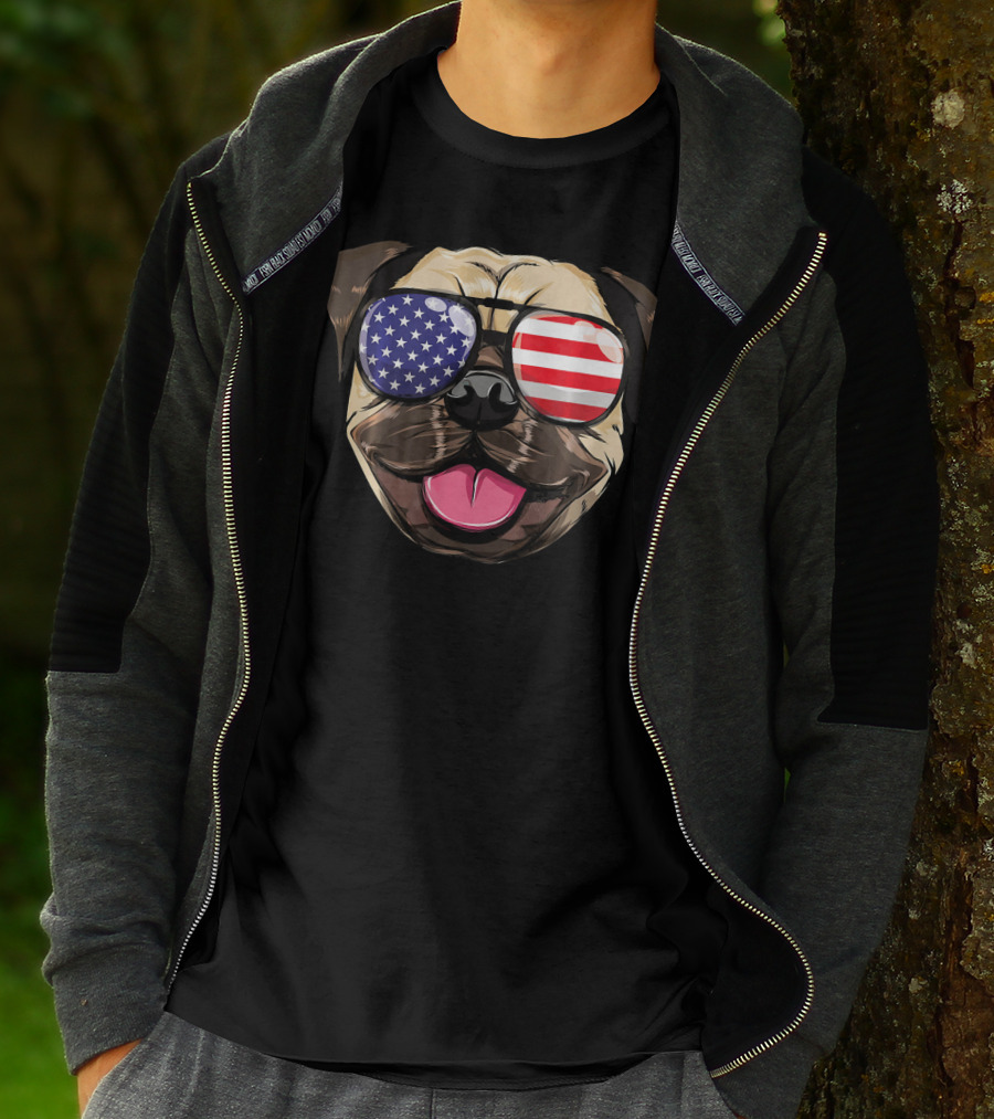 Pug Dog With American Flag Sunglasses Patriotic T-Shirt