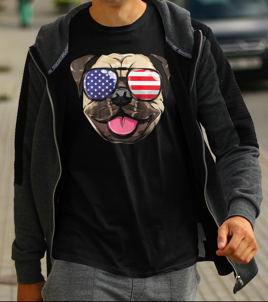 Pug Dog With American Flag Sunglasses Patriotic T-Shirt