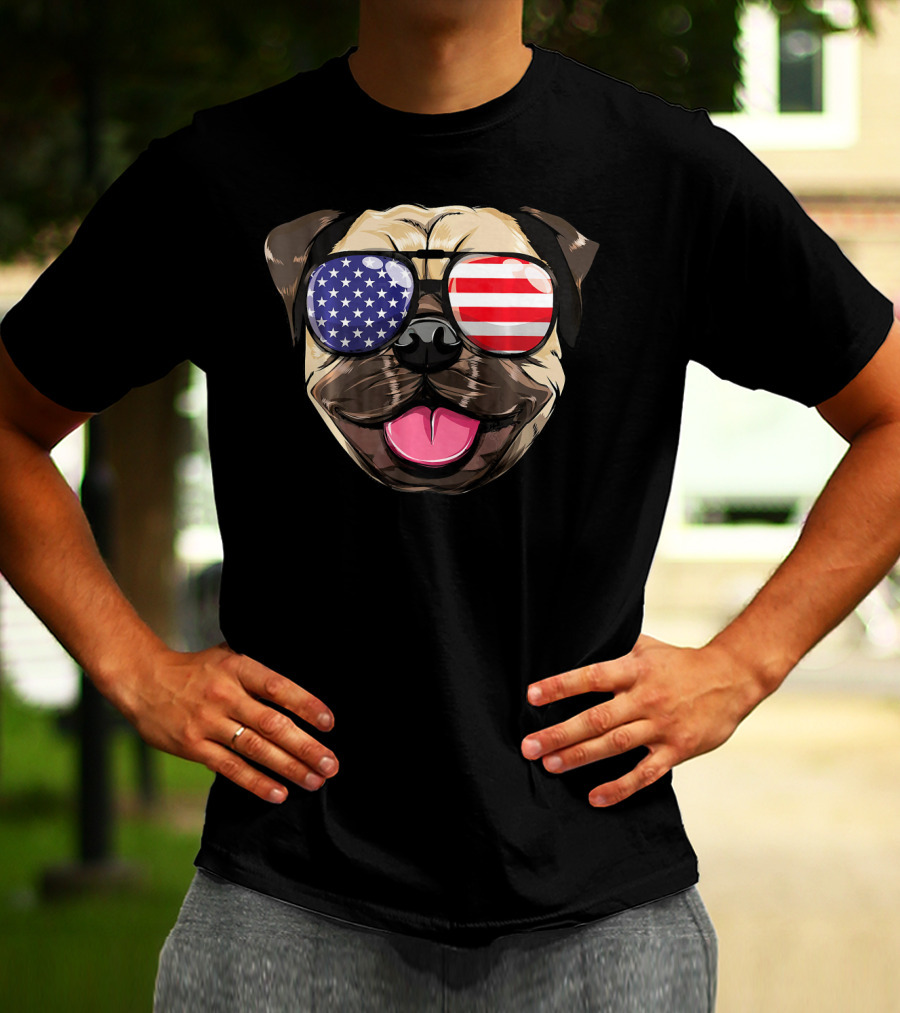 Pug Dog With American Flag Sunglasses Patriotic T-Shirt
