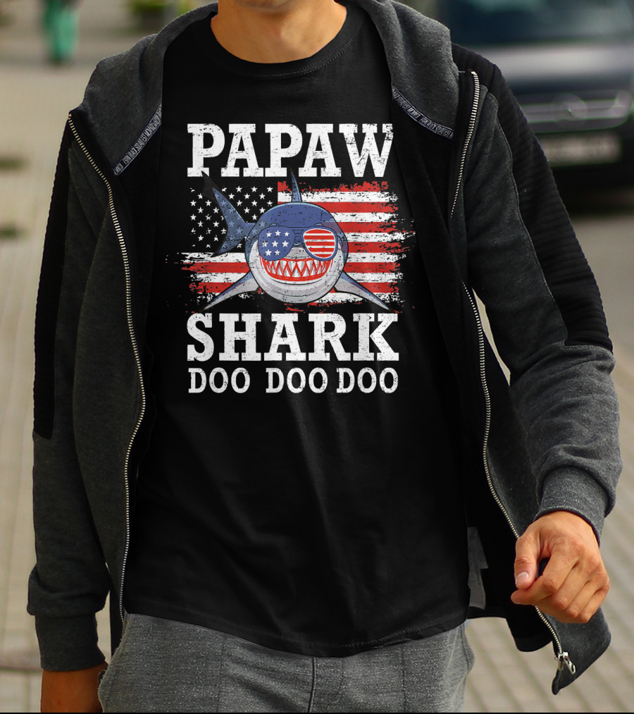 Papaw Shark Doo Doo Doo American Flag Sunglasses T-Shirt
