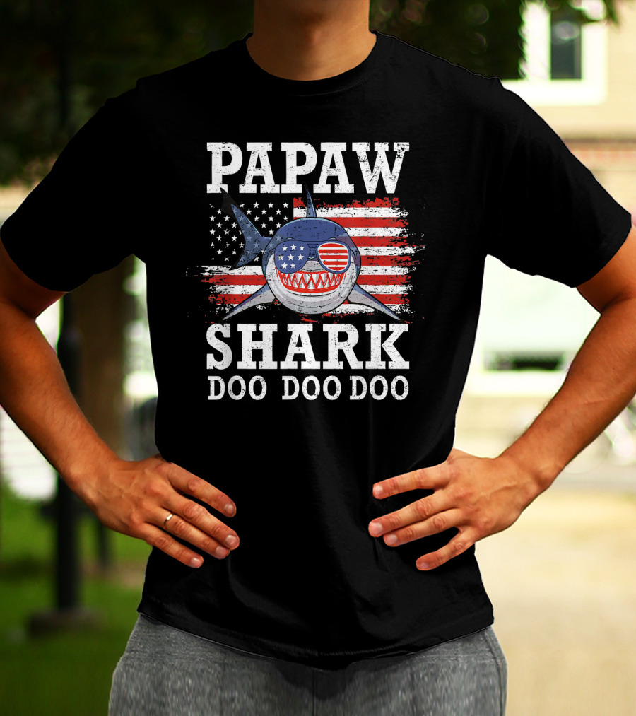 Papaw Shark Doo Doo Doo American Flag Sunglasses T-Shirt