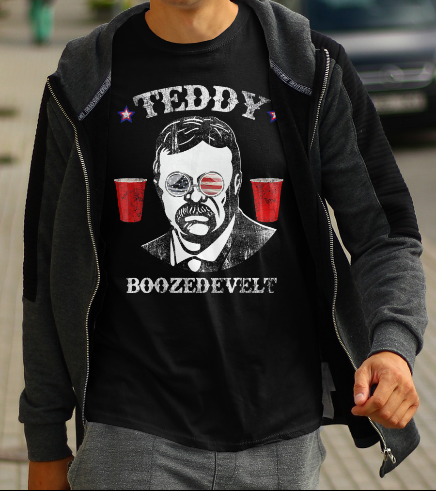Teddy Boozedevelt Roosevelt US Flag Sunglasses Red Cups Patriotic Stars T-Shirt