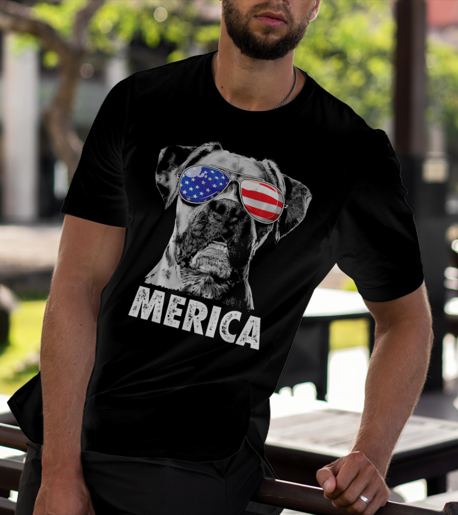 Merica Boxer Dog With American Flag Sunglasses T-Shirt