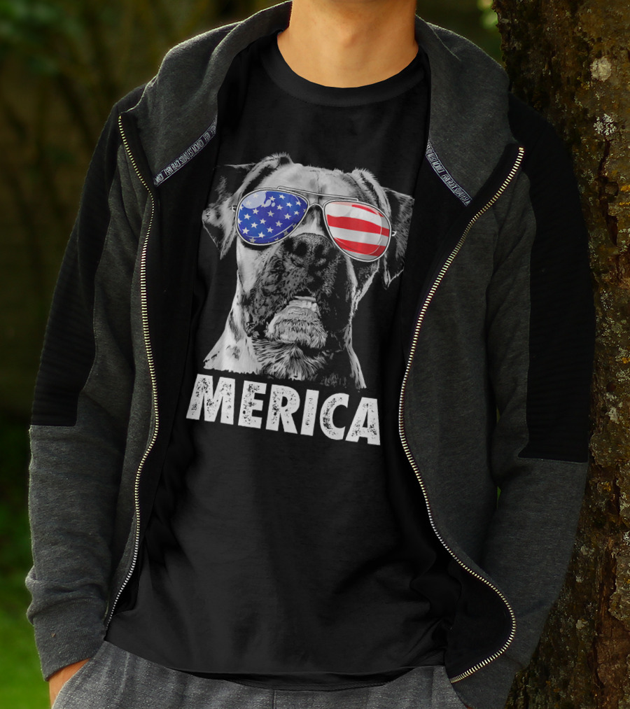 Merica Boxer Dog With American Flag Sunglasses T-Shirt