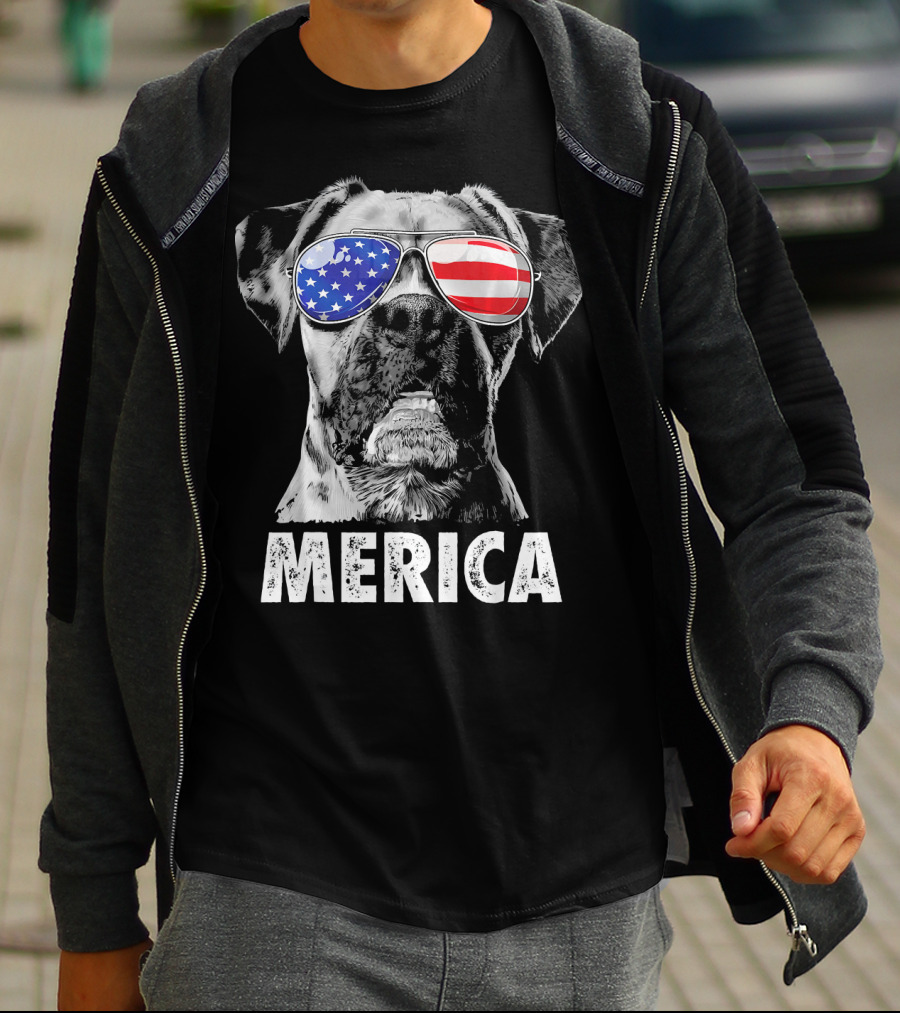 Merica Boxer Dog With American Flag Sunglasses T-Shirt