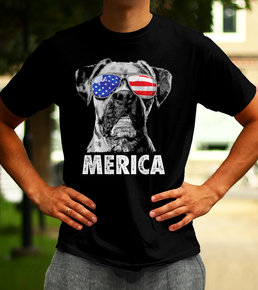 Merica Boxer Dog With American Flag Sunglasses T-Shirt