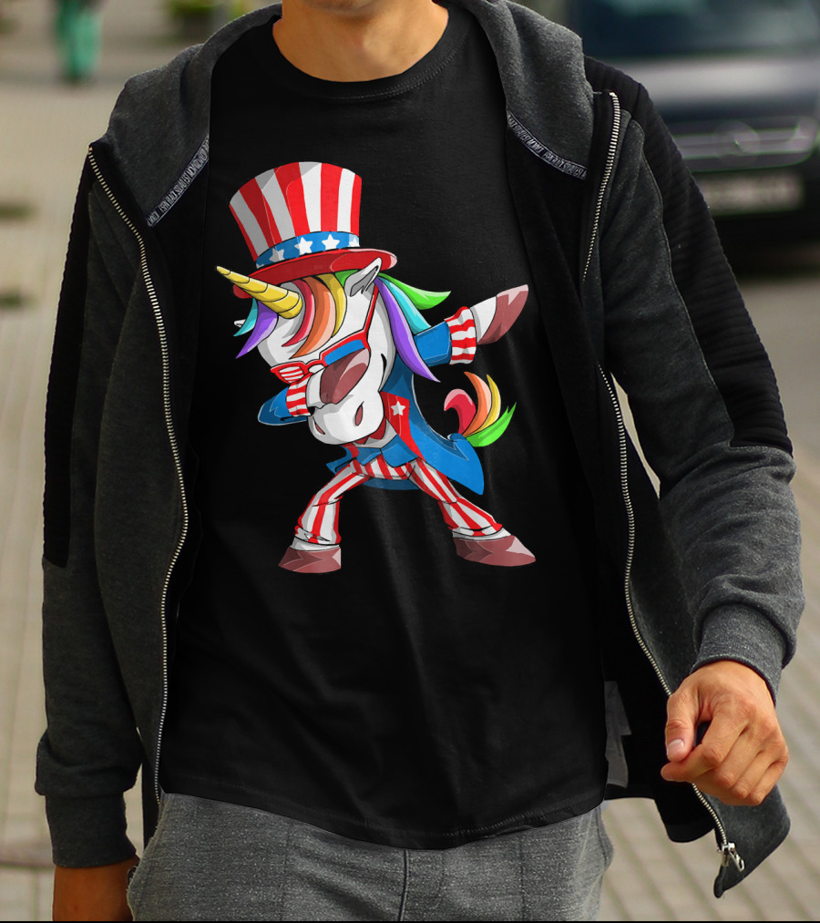 Unicorn Dabbing Uncle Sam Patriotic Rainbow T-Shirt