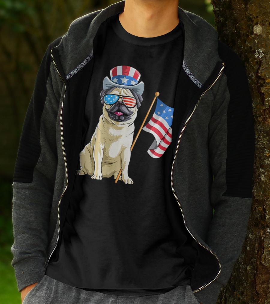 Pug In Patriotic Hat And Sunglasses Holding American Flag T-Shirt