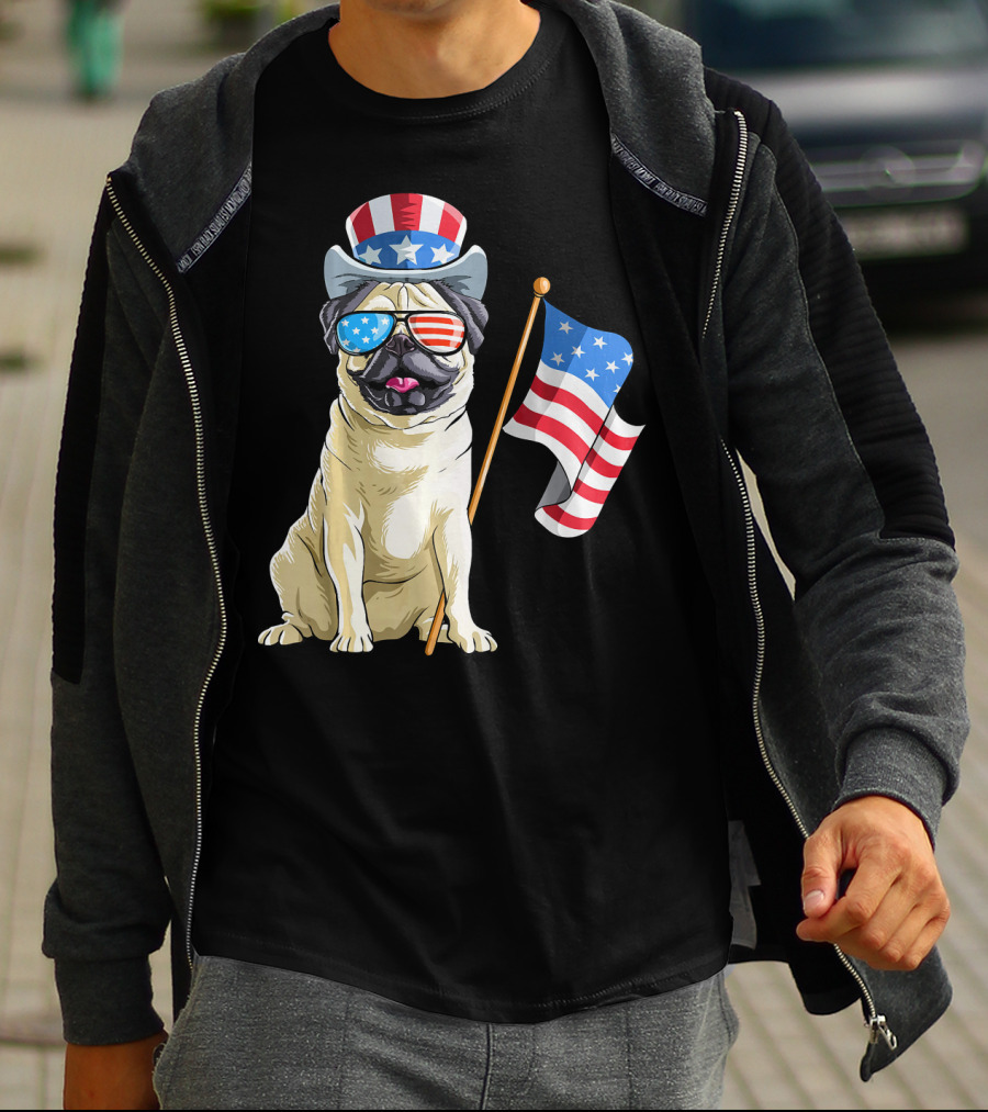 Pug In Patriotic Hat And Sunglasses Holding American Flag T-Shirt