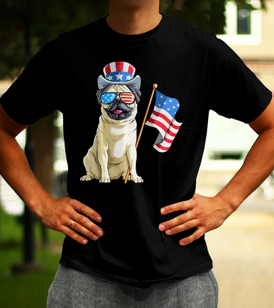 Pug In Patriotic Hat And Sunglasses Holding American Flag T-Shirt