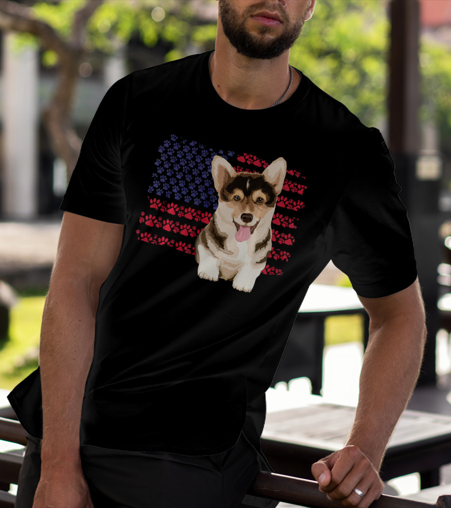 American Flag Corgi Dog With Paw Prints T-Shirt