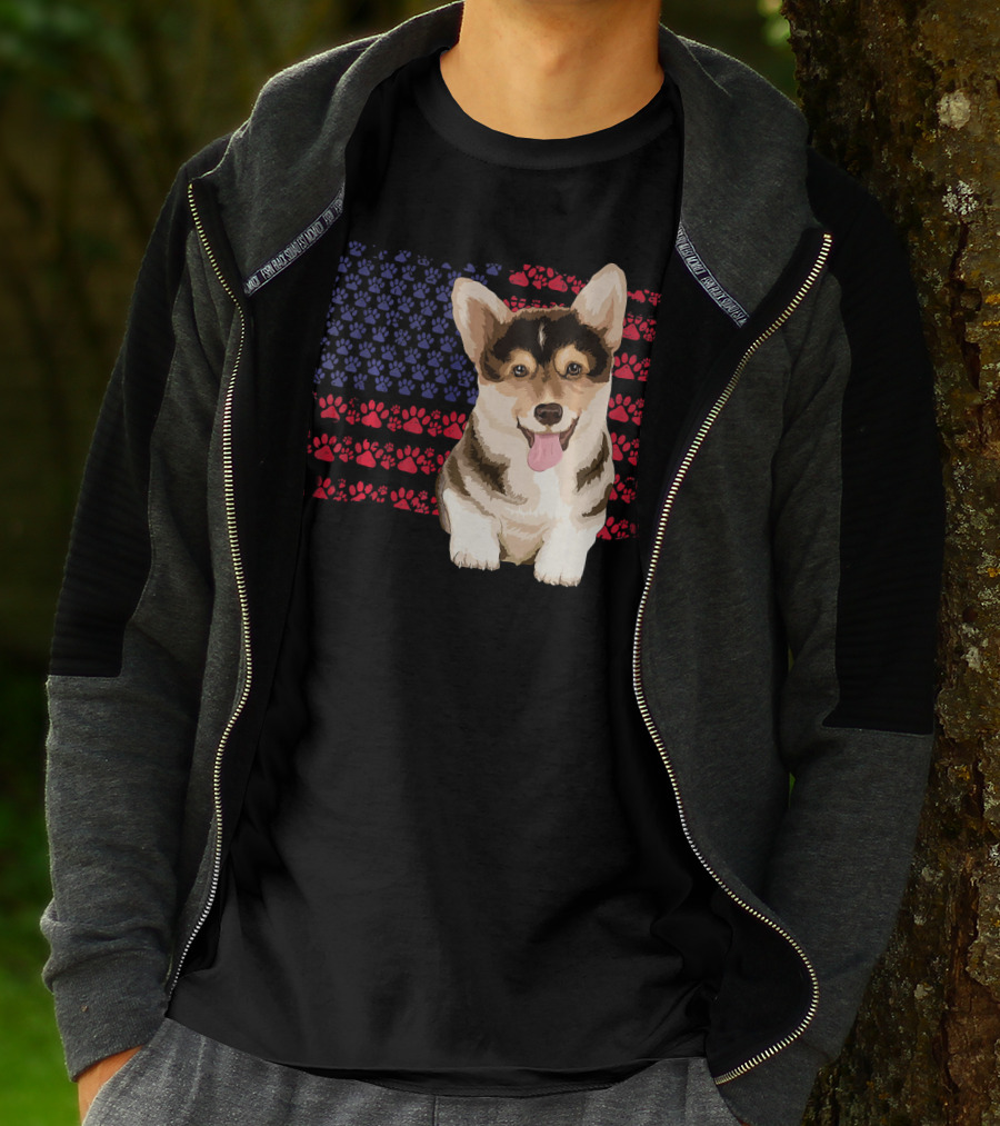 American Flag Corgi Dog With Paw Prints T-Shirt