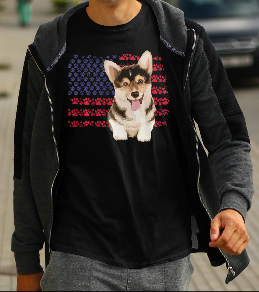 American Flag Corgi Dog With Paw Prints T-Shirt