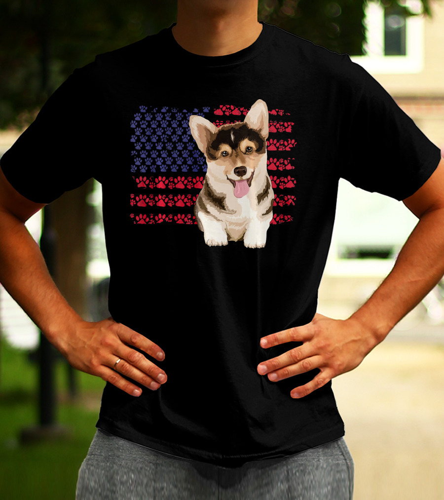 American Flag Corgi Dog With Paw Prints T-Shirt