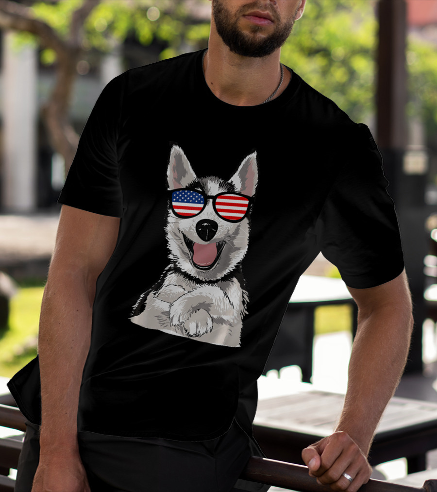 Patriotic Dog Husky With American Flag Sunglasses T-Shirt