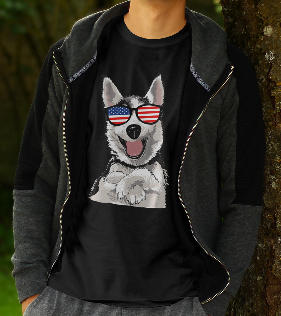 Patriotic Dog Husky With American Flag Sunglasses T-Shirt