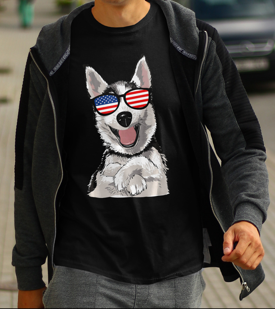Patriotic Dog Husky With American Flag Sunglasses T-Shirt