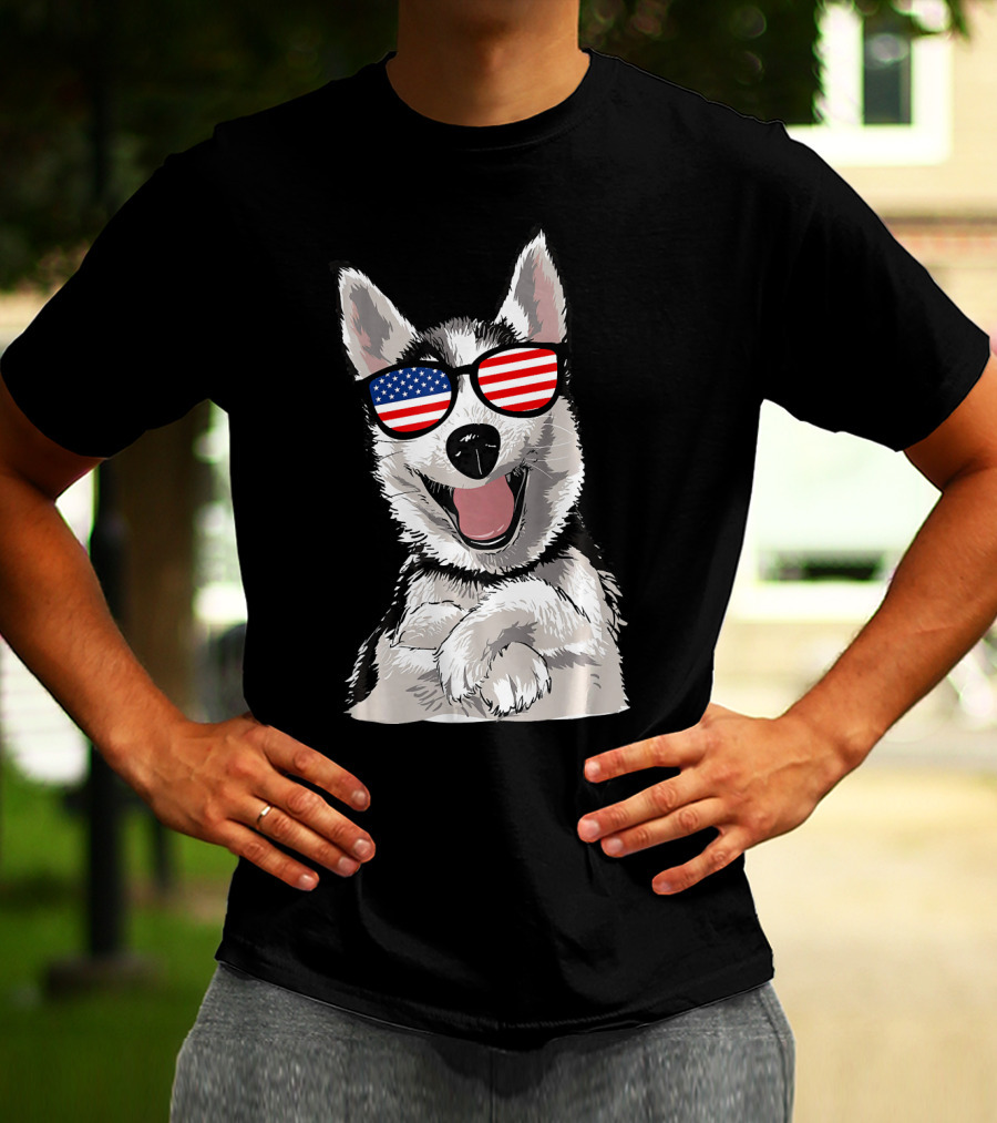 Patriotic Dog Husky With American Flag Sunglasses T-Shirt