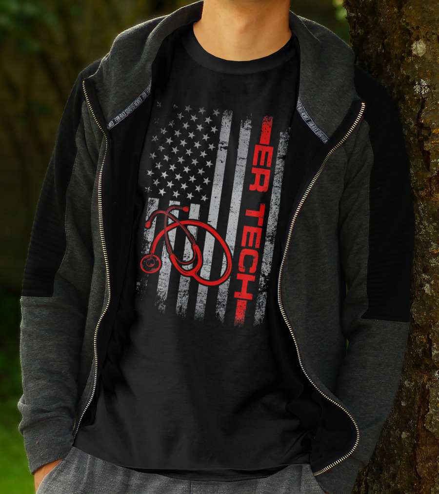 American Flag ER Tech Patriotic Stethoscope Nurse T-Shirt