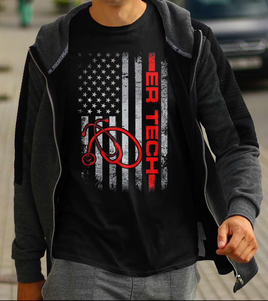 American Flag ER Tech Patriotic Stethoscope Nurse T-Shirt