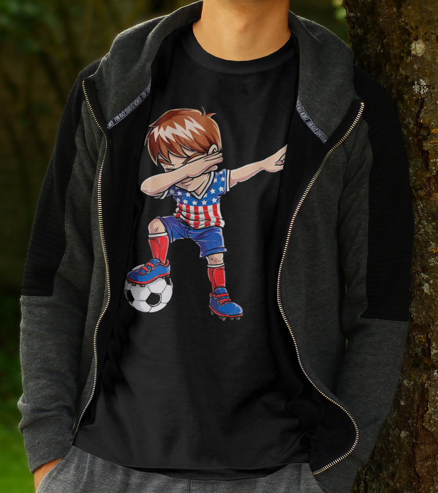 Dabbing Soccer Boy With American Flag Jersey T-Shirt
