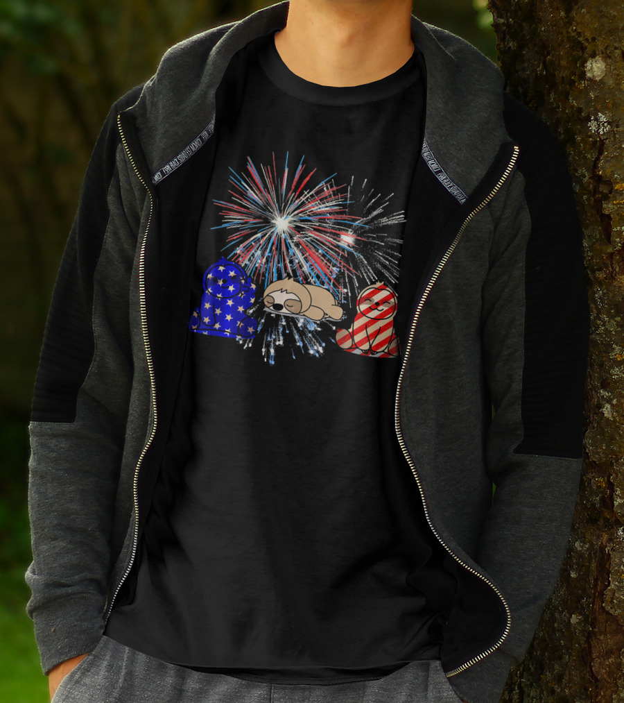 Red White Blue Sloth Fireworks Patriotic T-Shirt