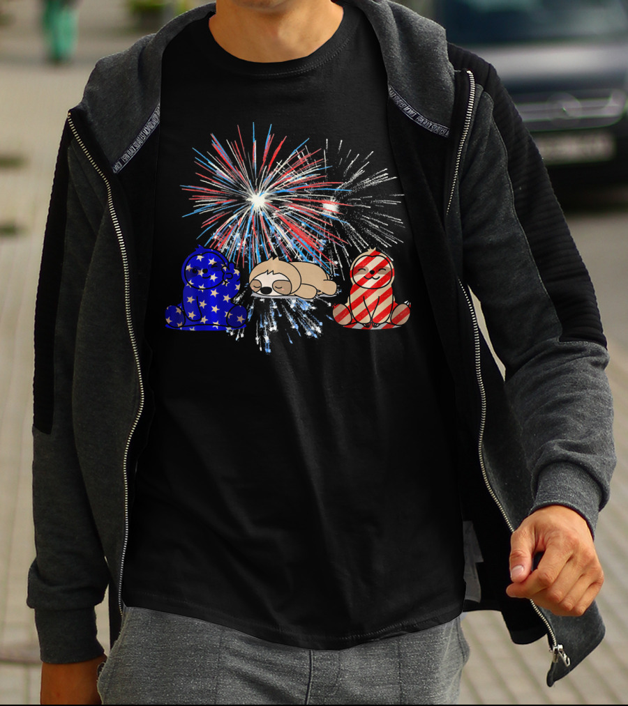 Red White Blue Sloth Fireworks Patriotic T-Shirt