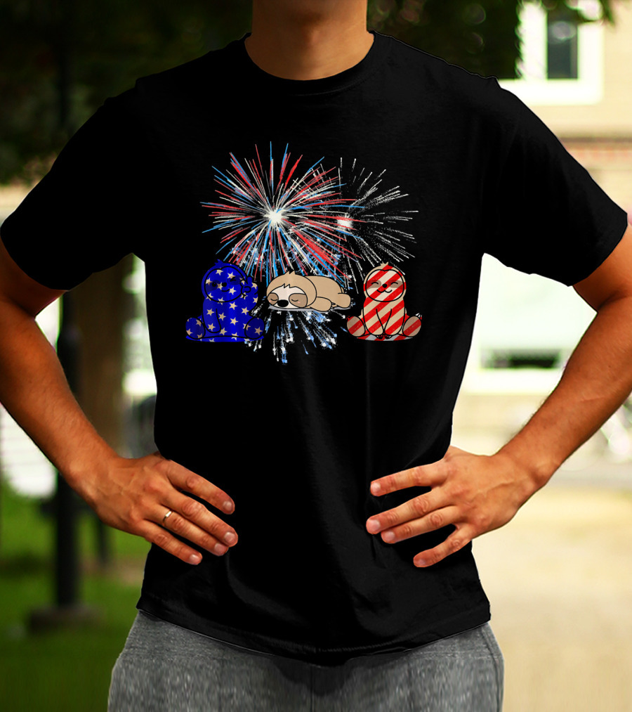 Red White Blue Sloth Fireworks Patriotic T-Shirt