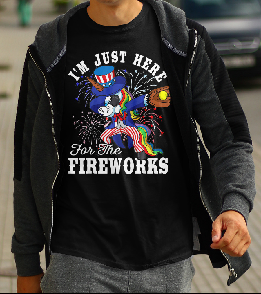 I'm Just Here For The Fireworks Dabbing Unicorn Uncle Sam Softball T-Shirt