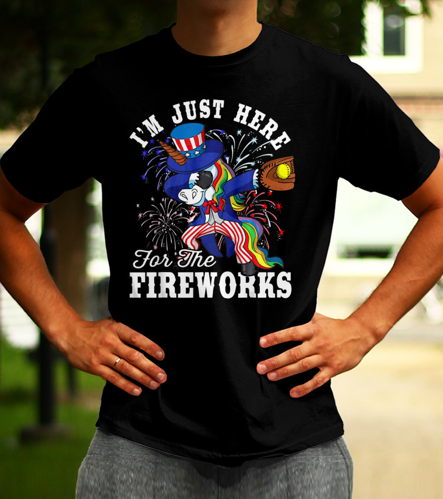 I'm Just Here For The Fireworks Dabbing Unicorn Uncle Sam Softball T-Shirt