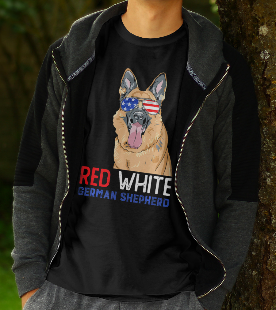 Red White German Shepherd USA Sunglasses Stars Stripes T-Shirt