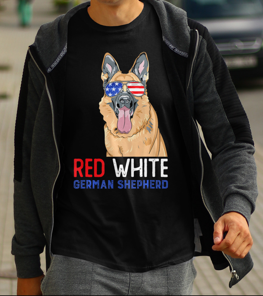 Red White German Shepherd USA Sunglasses Stars Stripes T-Shirt