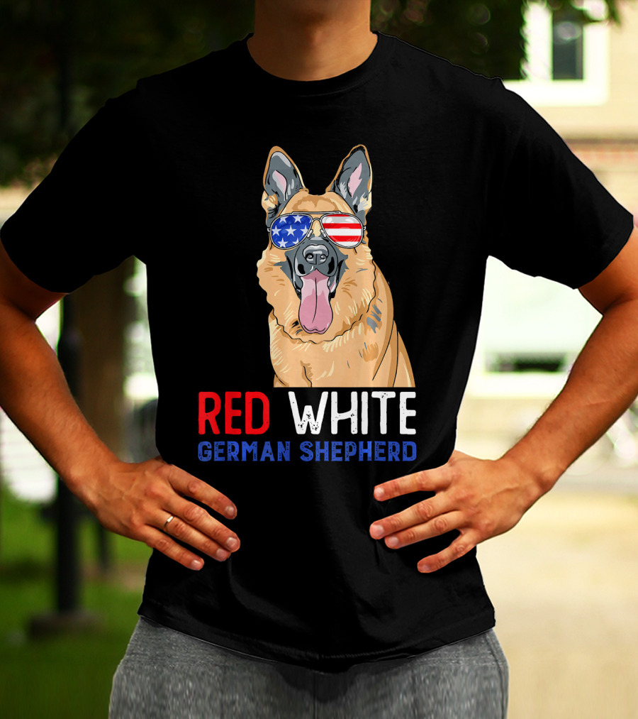 Red White German Shepherd USA Sunglasses Stars Stripes T-Shirt