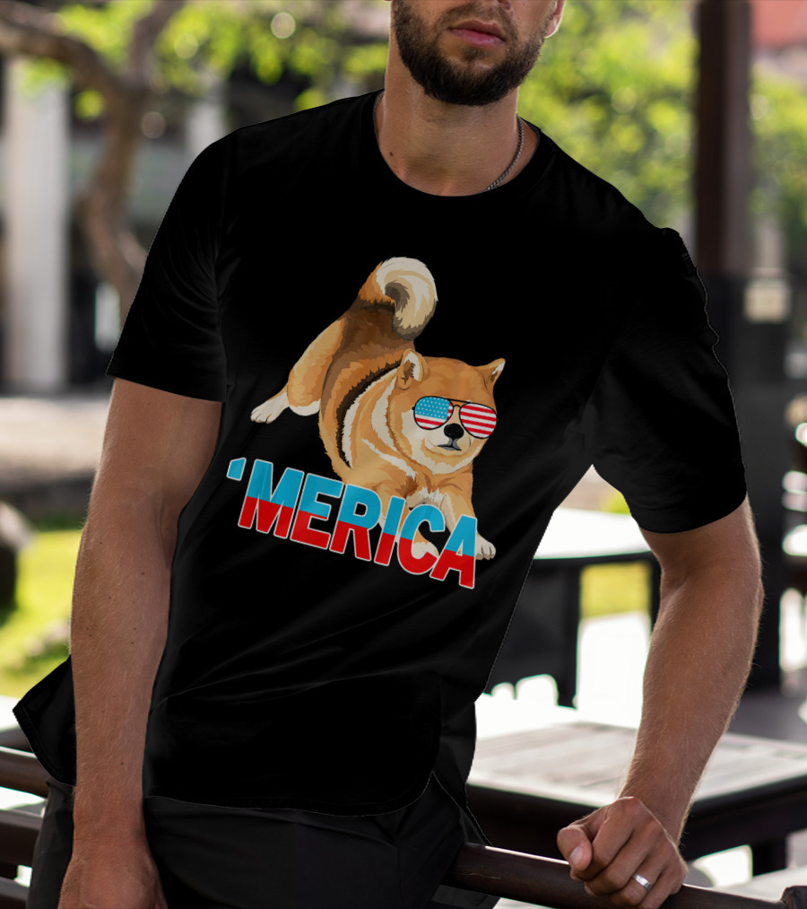 Merica Shiba Inu With American Flag Sunglasses T-Shirt