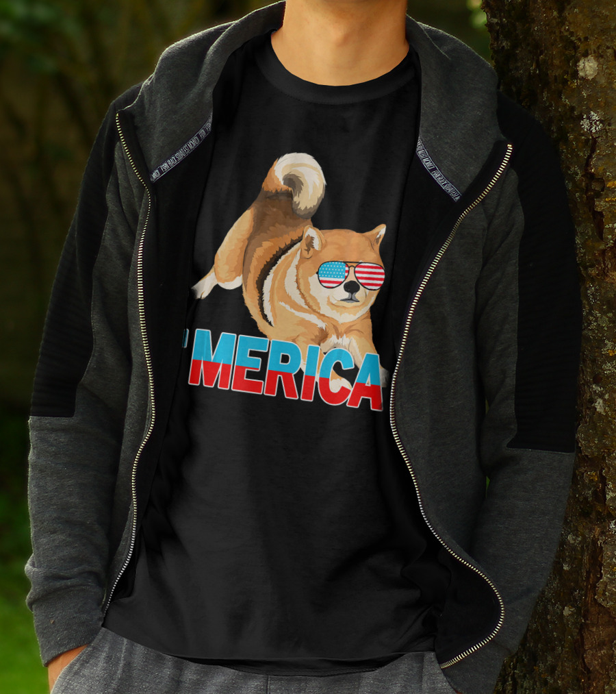 Merica Shiba Inu With American Flag Sunglasses T-Shirt