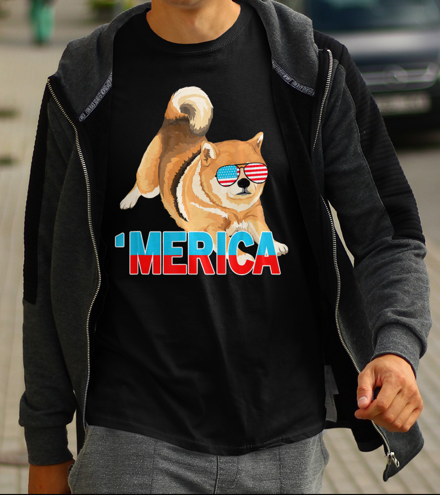 Merica Shiba Inu With American Flag Sunglasses T-Shirt