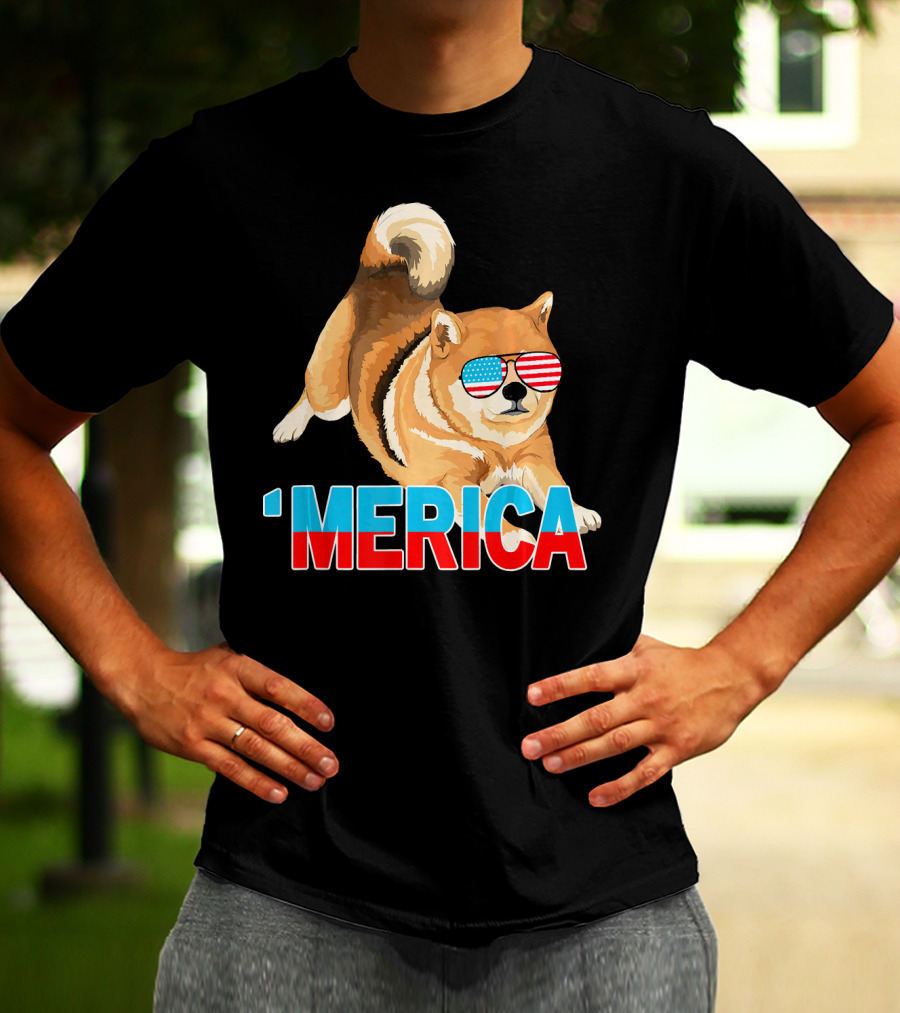 Merica Shiba Inu With American Flag Sunglasses T-Shirt